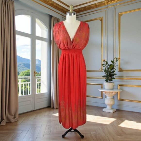 Lapogee Dresses & Skirts - LAPOGEE TRIBAL PRINT RED GOLD BOHEMIAN V-NECK MAXI DRESS